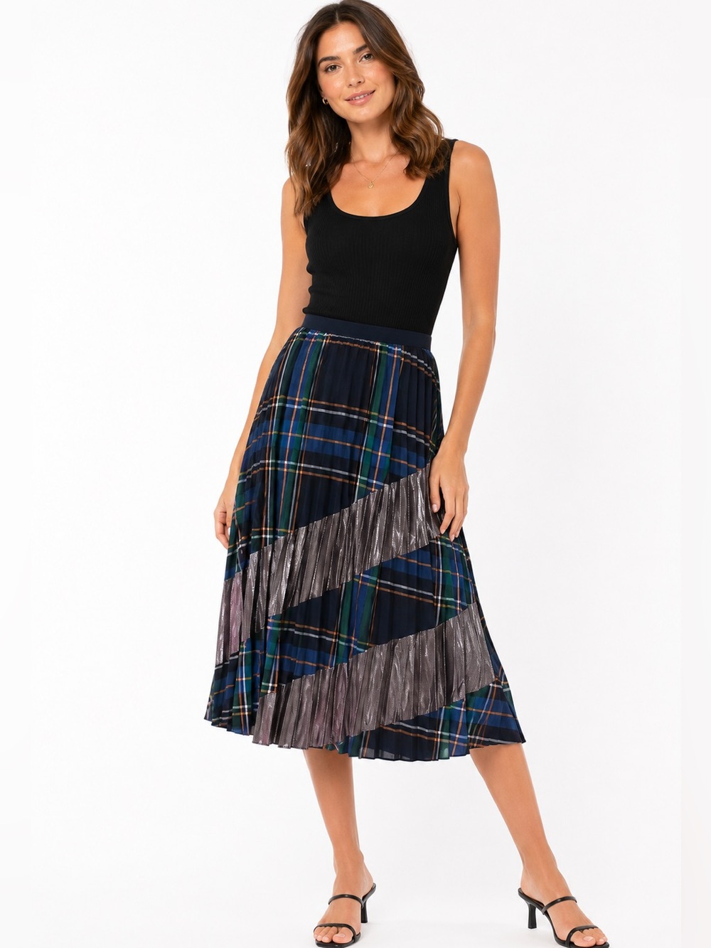 ✨ Tanya Taylor Plaid Metallic Pleated Midi Skirt Sz 6